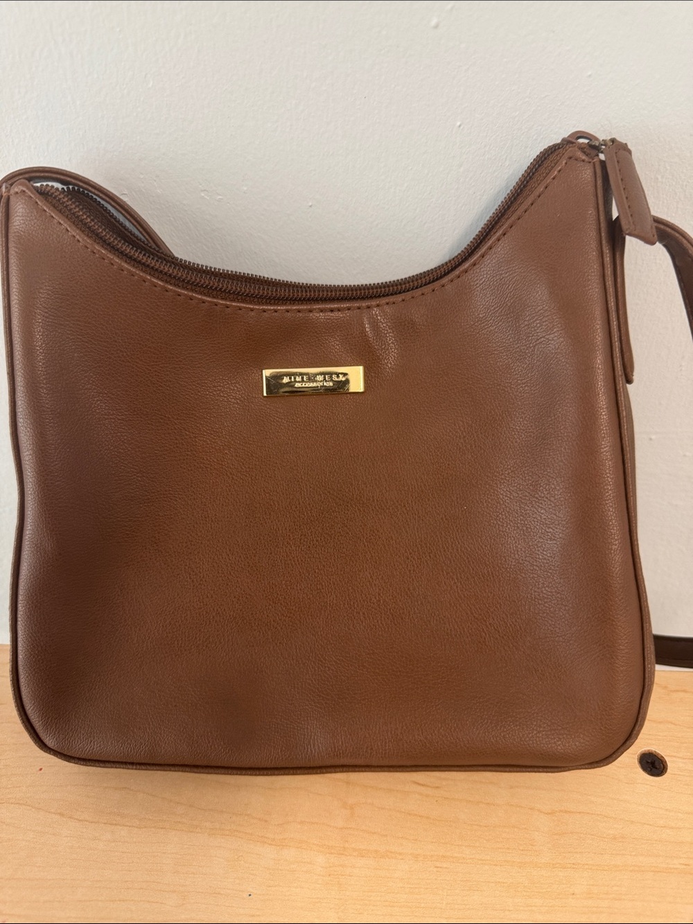 Nine West Brown Leather Messenger Bag with Gold Accent
